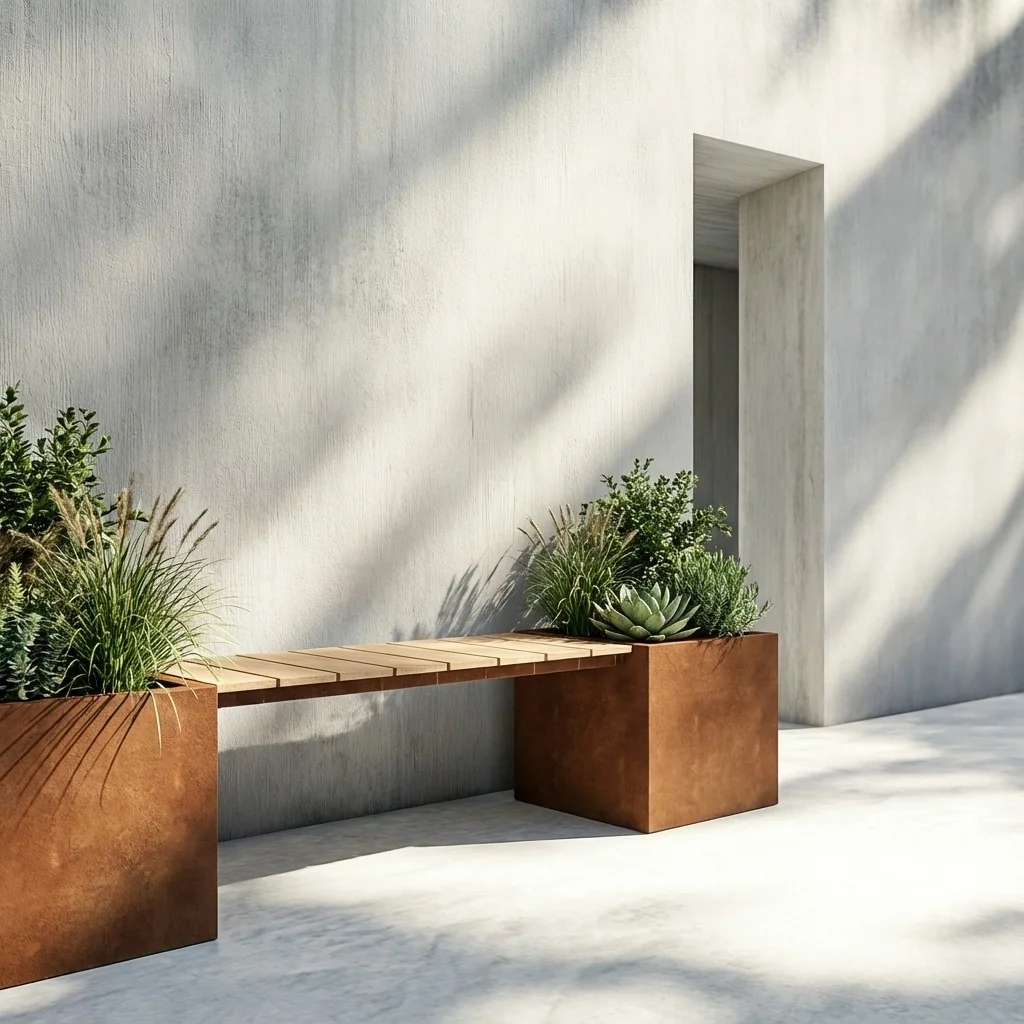 Cortenstaal plantenbak - Vierkant - 221,2 x 50 x 50 cm - Met bankje - Met bodemplaat