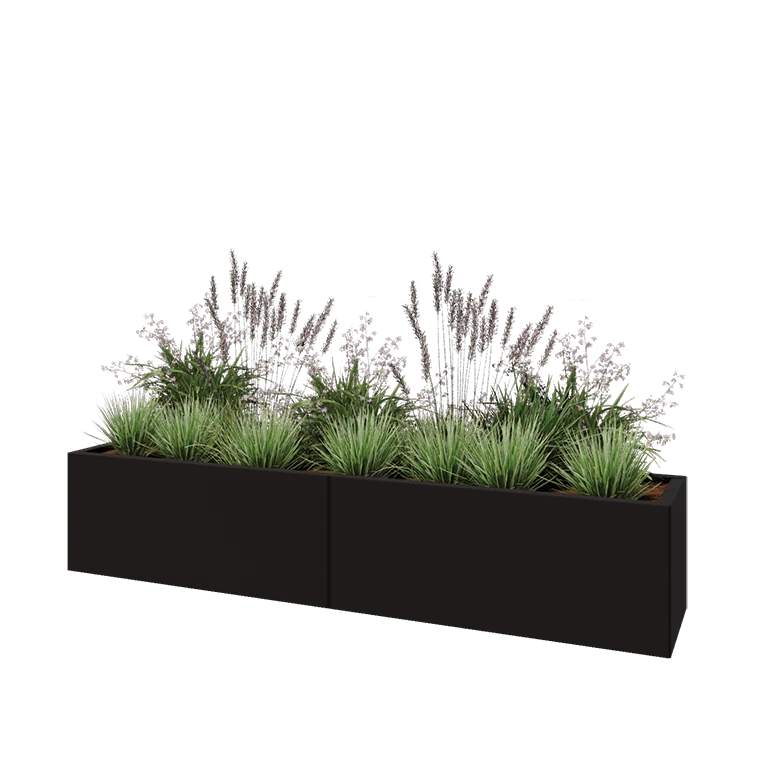 Stalen plantenbak XXL - Rechthoek - 200 x 40 x 40 cm - RAL9005 mat (zwart) - Met bodemplaat