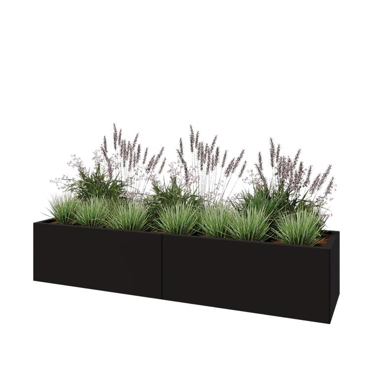 Stalen plantenbak XXL - Rechthoek - 200 x 50 x 40 cm - RAL9005 mat (zwart) - Met bodemplaat