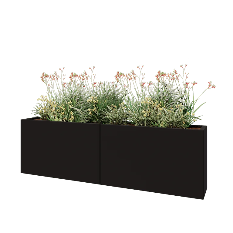 Stalen plantenbak XXL - Rechthoek - 200 x 30 x 60 cm - RAL9005 mat (zwart) - Met bodemplaat