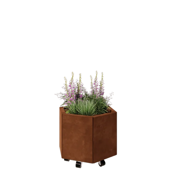 Cortenstaal plantenbak - Zeshoek - 59,3 x 52 x 40 cm - Met bodemplaat - Met wielen