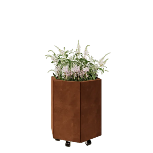 Cortenstaal plantenbak - Zeshoek - 59,3 x 52 x 60 cm - Met bodemplaat - Met wielen