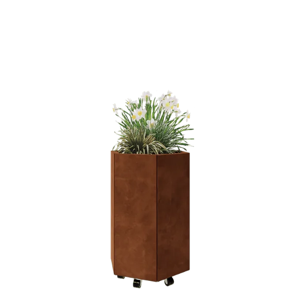 Cortenstaal plantenbak - Zeshoek - 59,3 x 52 x 80 cm - Met bodemplaat - Met wielen