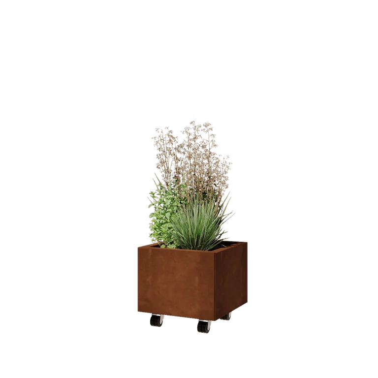 Cortenstaal plantenbak - Vierkant - 40 x 40 x 30 cm - Met bodemplaat - Met wielen