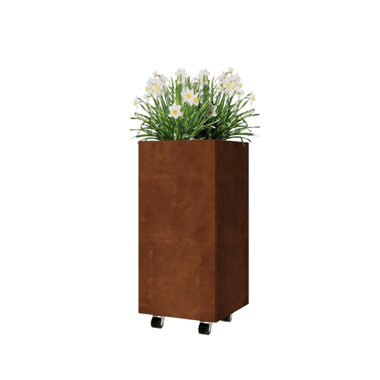 Cortenstaal plantenbak - Vierkant - 40 x 40 x 80 cm - Met bodemplaat - Met wielen