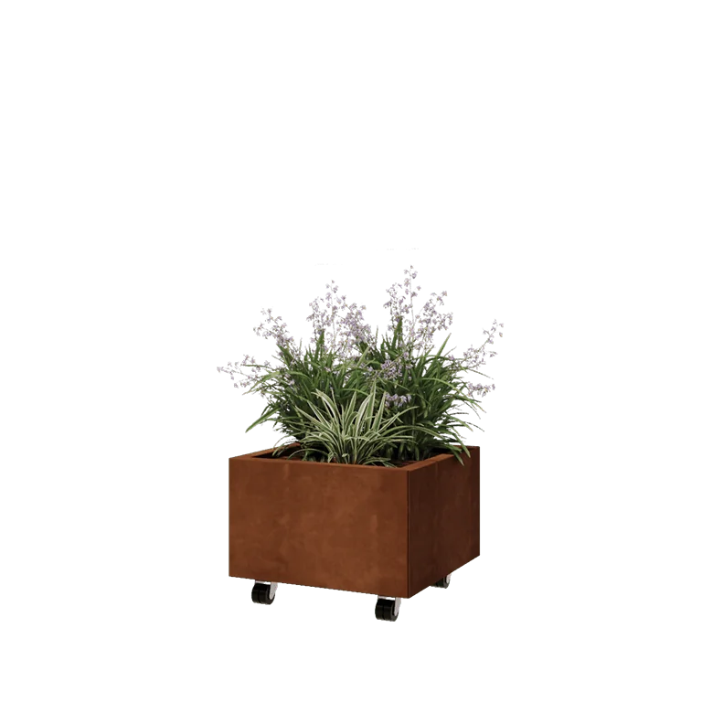 Cortenstaal plantenbak - Vierkant - 50 x 50 x 30 cm - Met bodemplaat - Met wielen