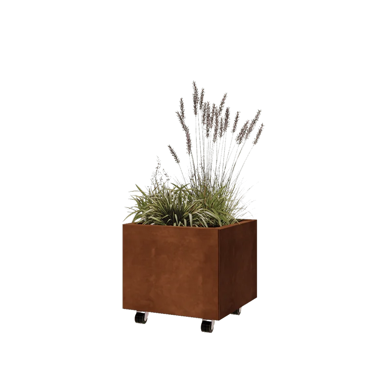 Cortenstaal plantenbak - Vierkant - 50 x 50 x 40 cm - Met bodemplaat - Met wielen