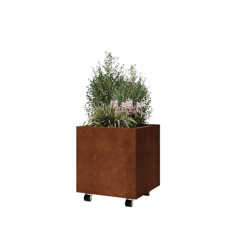 Cortenstaal plantenbak - Vierkant - 50 x 50 x 50 cm - Met bodemplaat - Met wielen