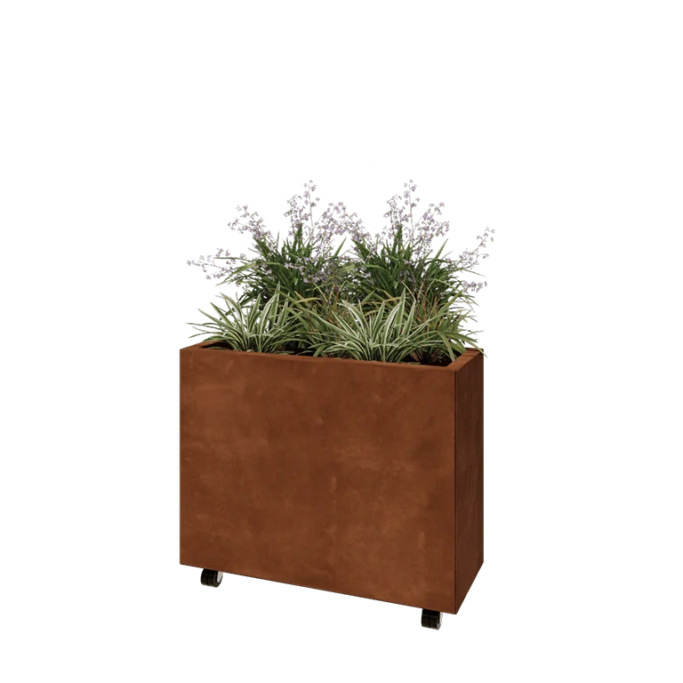 Cortenstaal plantenbak - Rechthoek - 80 x 30 x 60 cm - Met bodemplaat - Met wielen