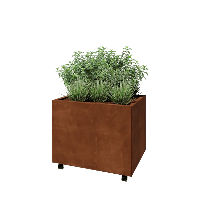 Cortenstaal plantenbak - Rechthoek - 80 x 60 x 60 cm - Met bodemplaat - Met wielen