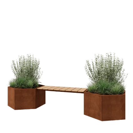 Cortenstaal plantenbak - Zeshoek - 294,4 x 99,3 x 50 cm - Met bankje - Zonder bodemplaat