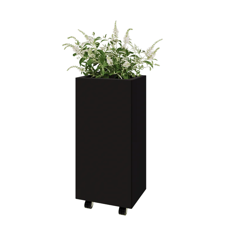 Stalen plantenbak - Rechthoek - 40 x 30 x 80 cm - RAL9005 mat (zwart) - Met bodemplaat - Met wielen