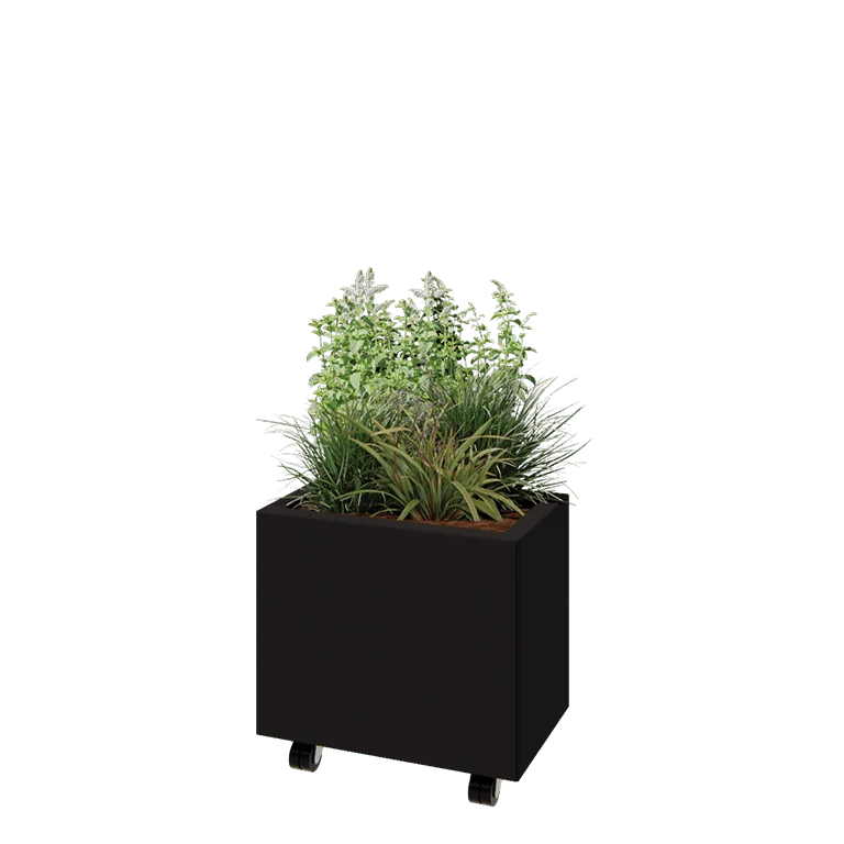 Stalen plantenbak - Rechthoek - 50 x 30 x 40 cm - RAL9005 mat (zwart) - Met bodemplaat - Met wielen