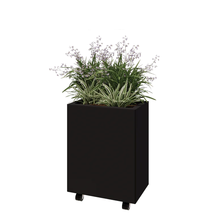 Stalen plantenbak - Rechthoek - 50 x 30 x 60 cm - RAL9005 mat (zwart) - Met bodemplaat - Met wielen