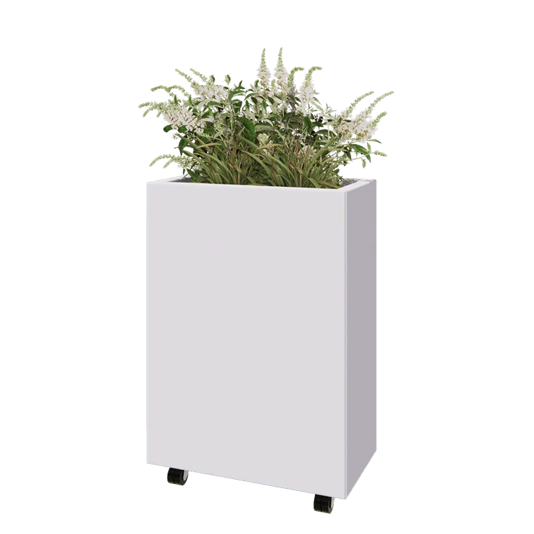 Stalen plantenbak - Rechthoek - 60 x 30 x 80 cm - RAL9010 mat (wit) - Met bodemplaat - Met wielen