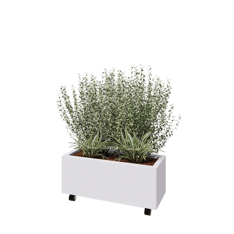Stalen plantenbak - Rechthoek - 80 x 30 x 30 cm - RAL9010 mat (wit) - Met bodemplaat - Met wielen