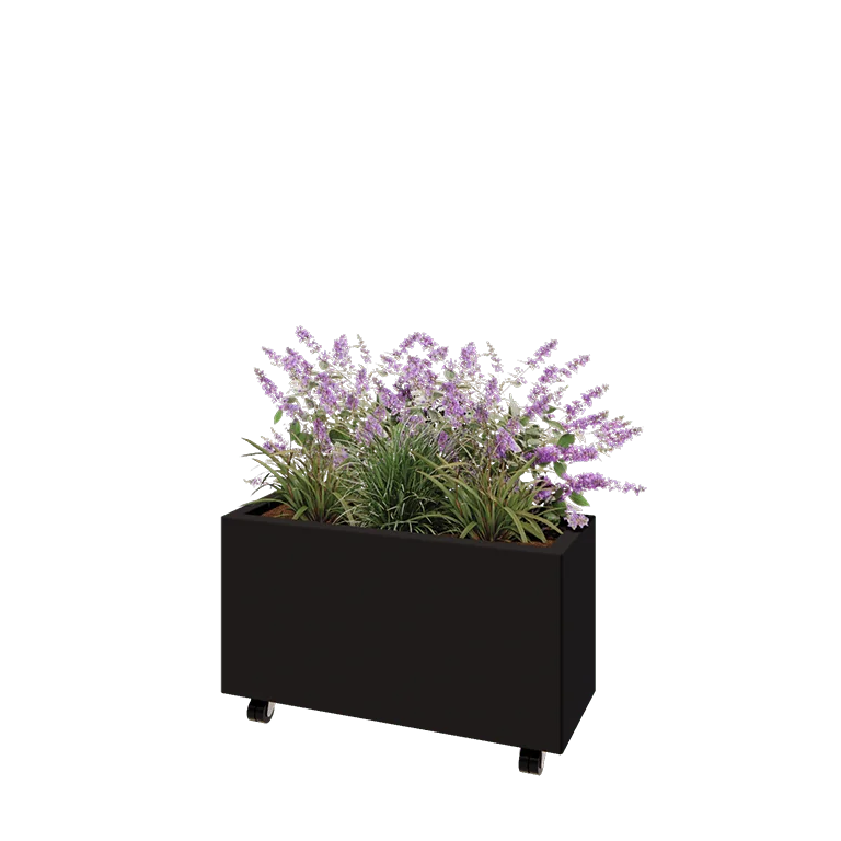Stalen plantenbak - Rechthoek - 80 x 30 x 40 cm - RAL9005 mat (zwart) - Met bodemplaat - Met wielen