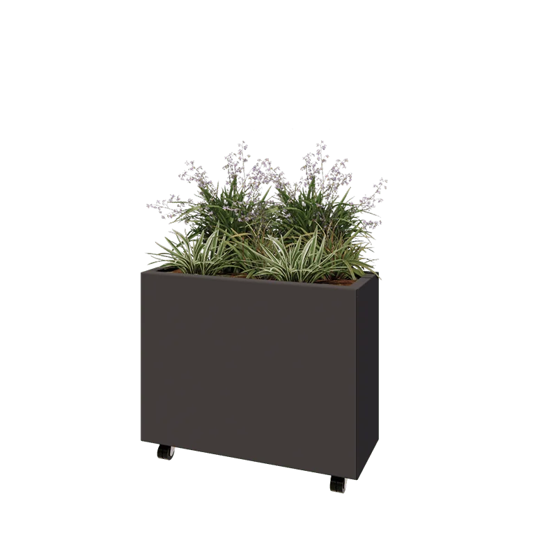 Stalen plantenbak - Rechthoek - 80 x 30 x 60 cm - RAL7016 mat (antraciet grijs) - Met bodemplaat - Met wielen