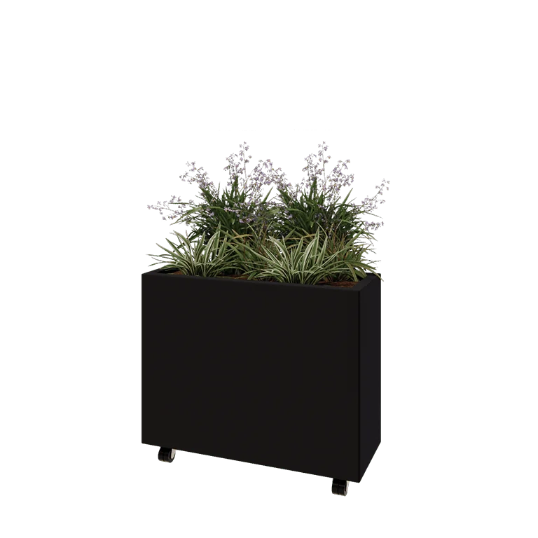Stalen plantenbak - Rechthoek - 80 x 30 x 60 cm - RAL9005 mat (zwart) - Met bodemplaat - Met wielen