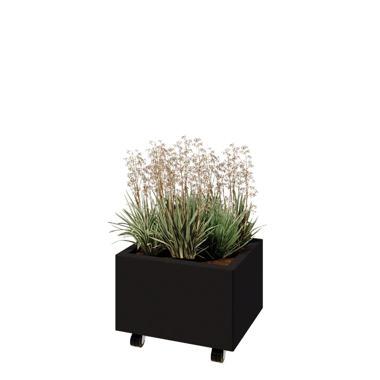 Stalen plantenbak - Rechthoek - 50 x 40 x 30 cm - RAL9005 mat (zwart) - Met bodemplaat - Met wielen