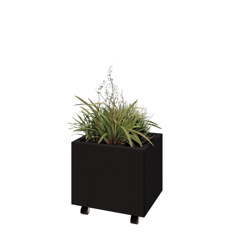 Stalen plantenbak - Rechthoek - 50 x 40 x 40 cm - RAL9005 mat (zwart) - Met bodemplaat - Met wielen