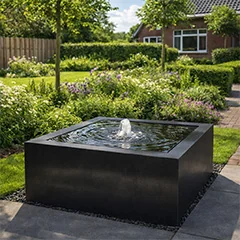 Stalen watertafels als rustgevende blikvanger in een moderne tuin